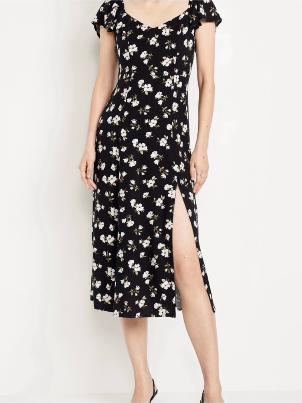 Black Floral Midi Dress with Cap Sleeves and Slit